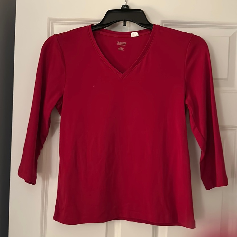 Chicos - V neck, 3/4 length,dark red top. Size 1